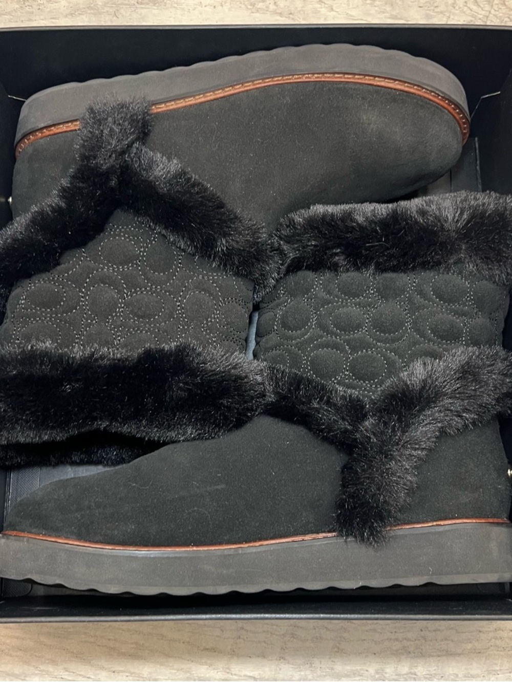 COACH IZZIE Boots Size 11 Black Signature Midcalf Suede Faux Fur FG4597 - Picture 14 of 16